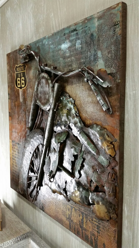 3-D Bild in Blech gearbeitet, Motiv Motorrad Route 66